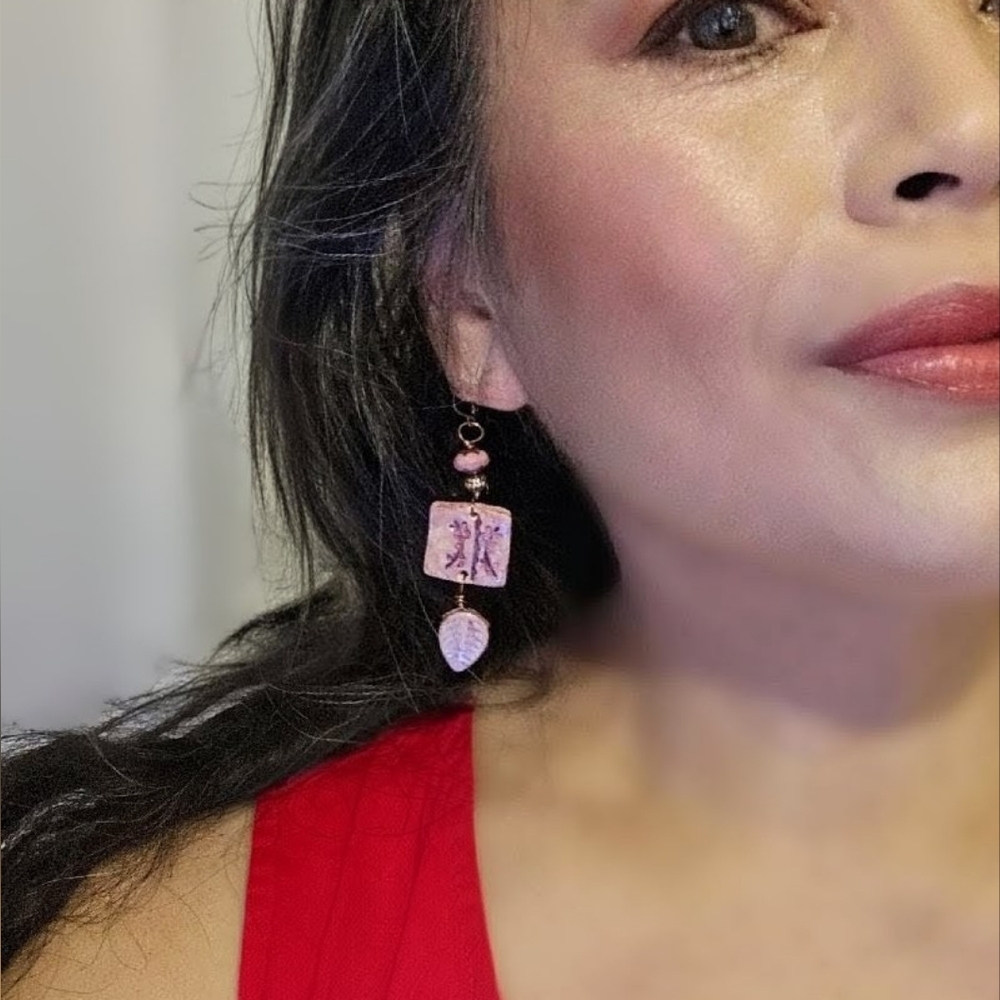 Handcrafted Romantic Rustic Pink Flowers In Clay & Glass In Copper Earrings - Picture 9 of 10